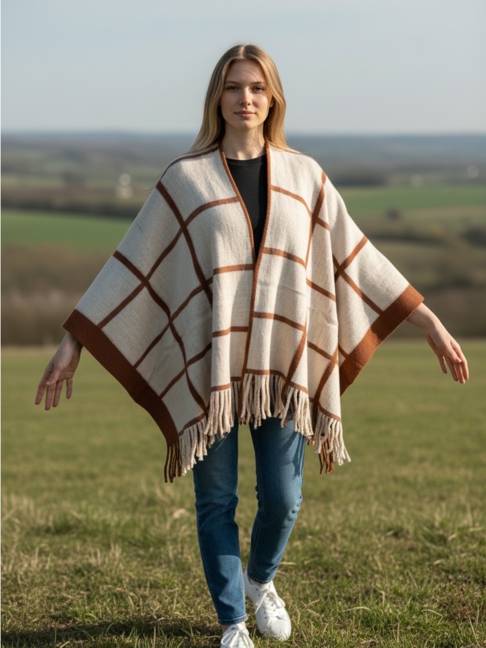 Vince Camuto Cream & Orange Windowpane Fringe Poncho